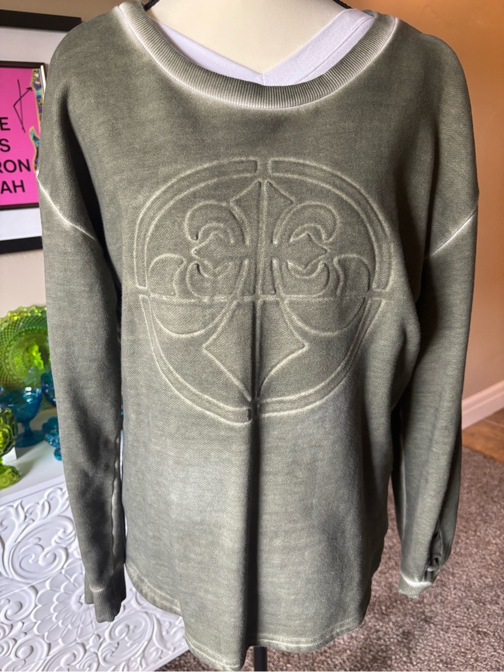 AFFLICTION Stonewashed Green Embossed w/ laced arms Sweater